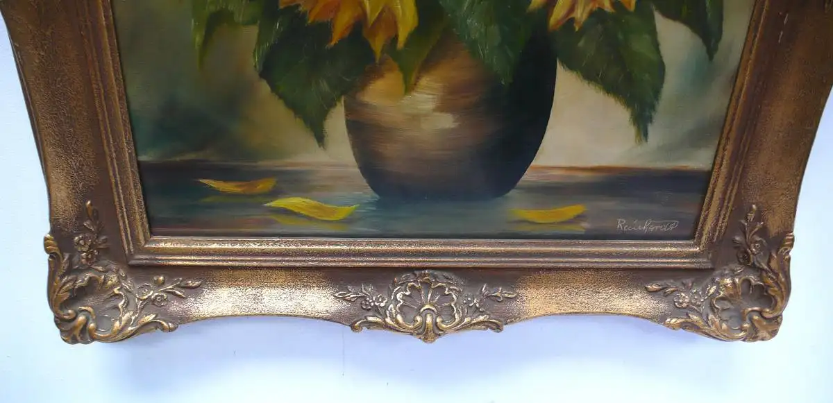 Ölgemälde Sonnenblumen in goldenem Holzrahmen, signiert Reinhardt um 1950 1