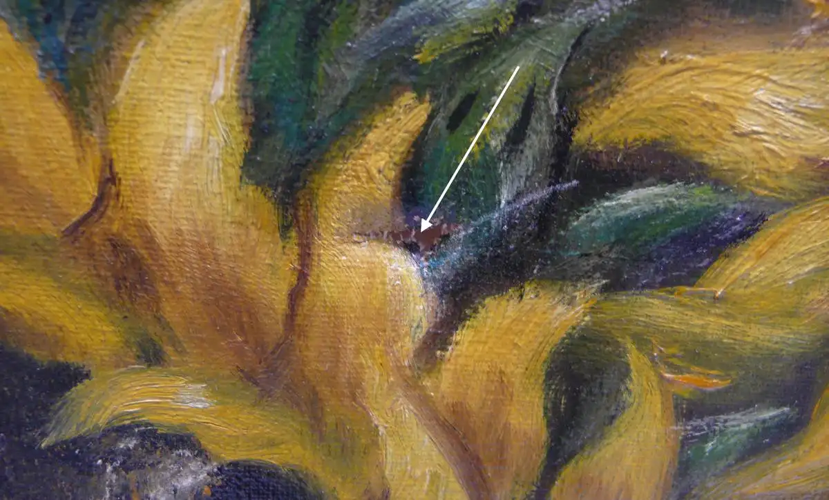 Ölgemälde Sonnenblumen in goldenem Holzrahmen, signiert Reinhardt um 1950 3