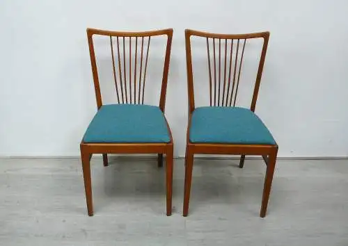 50er Casala Teak Stühle, Lehne mit Bumerang-Stil Flach-Stäben, Petrogrüner Bezug Mid Century Modern