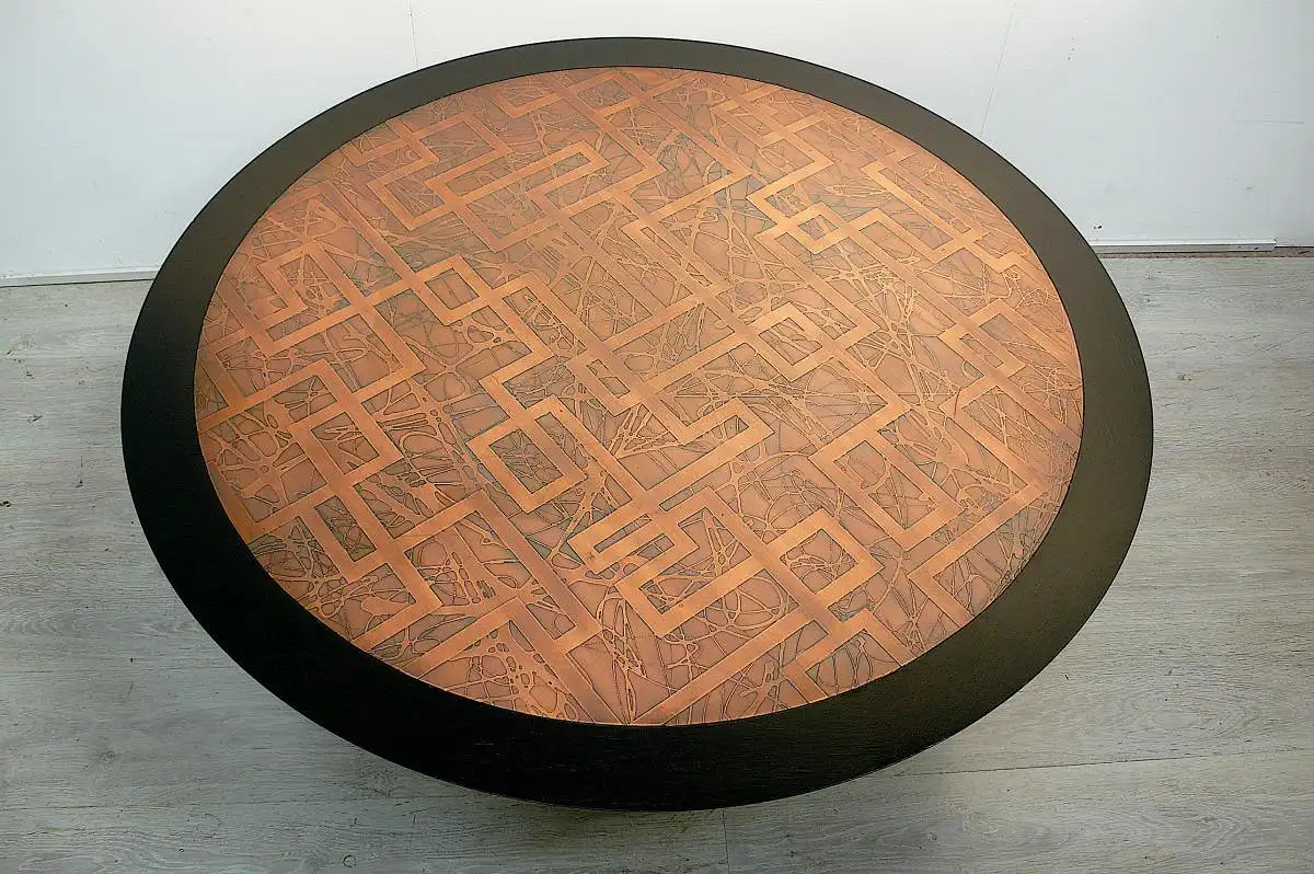 60er Couchtisch groß, rund Ø 115 cm, mit Kupferplatte Teak Fuß, Mid Century Modern 1