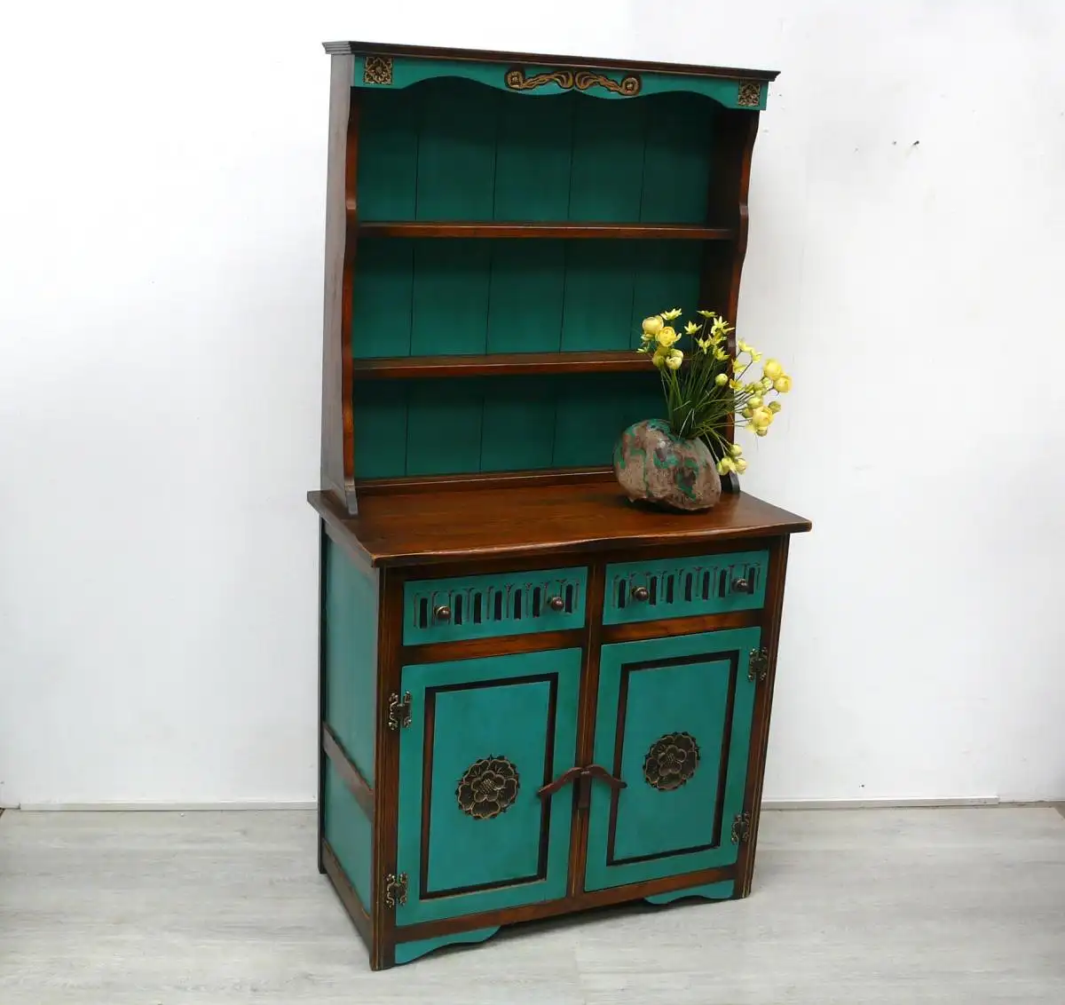 Küchenschrank, Buffet Schrank, Espresso-Bar, dunkles Holz + Shabby Türkis, Spanisch Stil 0