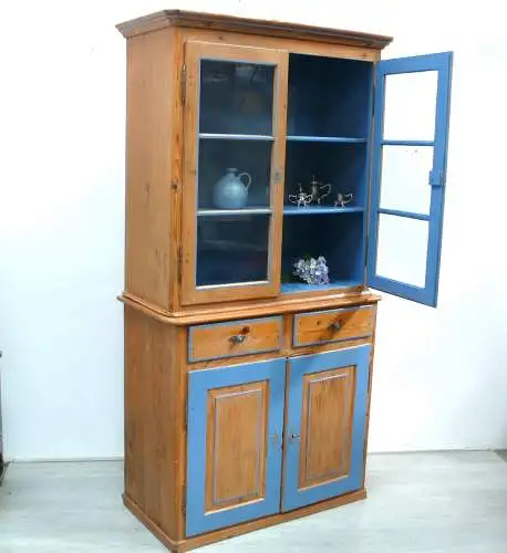 Küchenschrank Esszimmer Buffet Weichholz Natur mit Hortensien-Blau, um 1880 Gründerzeit