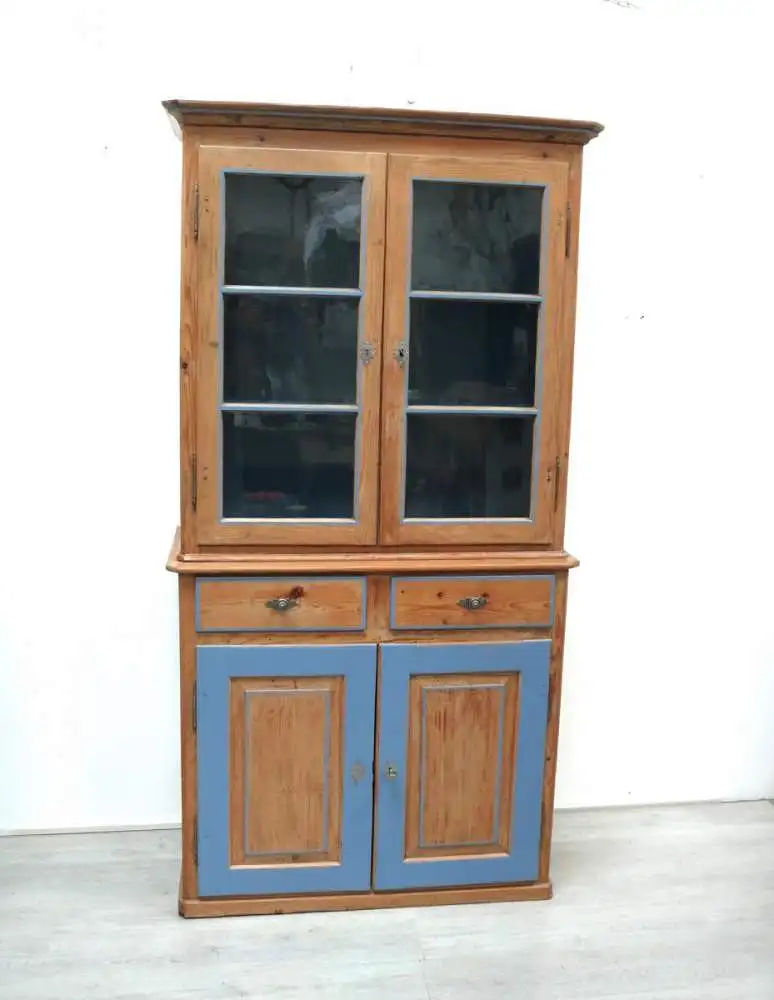 Küchenschrank Esszimmer Buffet Weichholz Natur mit Hortensien-Blau, um 1880 Gründerzeit 1