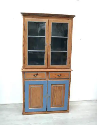 Küchenschrank Esszimmer Buffet Weichholz Natur mit Hortensien-Blau, um 1880 Gründerzeit