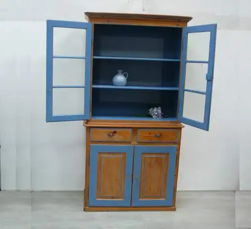 Küchenschrank Esszimmer Buffet Weichholz Natur mit Hortensien-Blau, um 1880 Gründerzeit