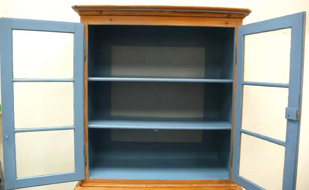 Küchenschrank Esszimmer Buffet Weichholz Natur mit Hortensien-Blau, um 1880 Gründerzeit 4