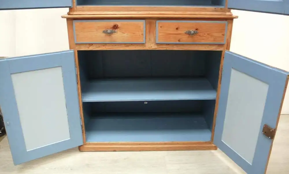 Küchenschrank Esszimmer Buffet Weichholz Natur mit Hortensien-Blau, um 1880 Gründerzeit 5