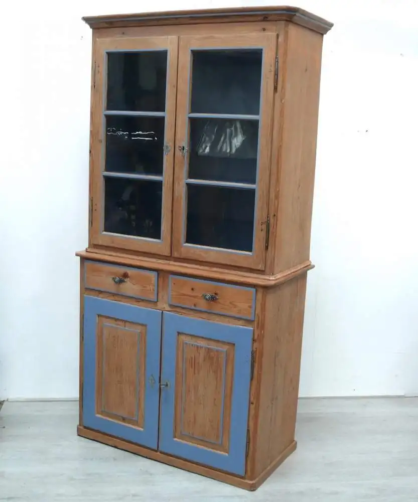 Küchenschrank Esszimmer Buffet Weichholz Natur mit Hortensien-Blau, um 1880 Gründerzeit 6