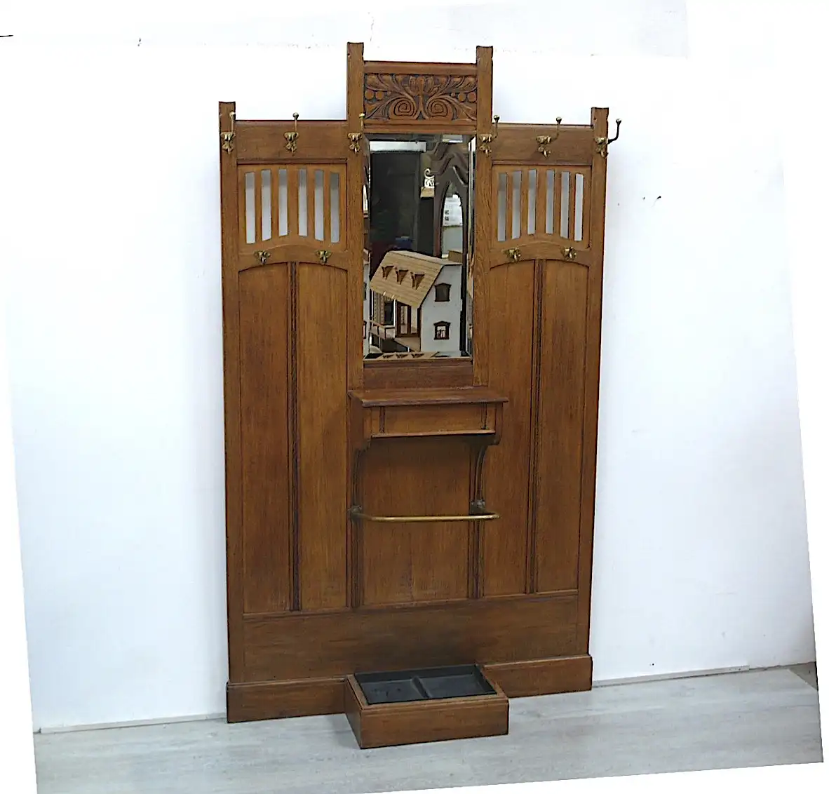 Jugendstil Stand Garderobe Eiche, mit Spiegel Schirmständer Deckelfach, um 1900 0