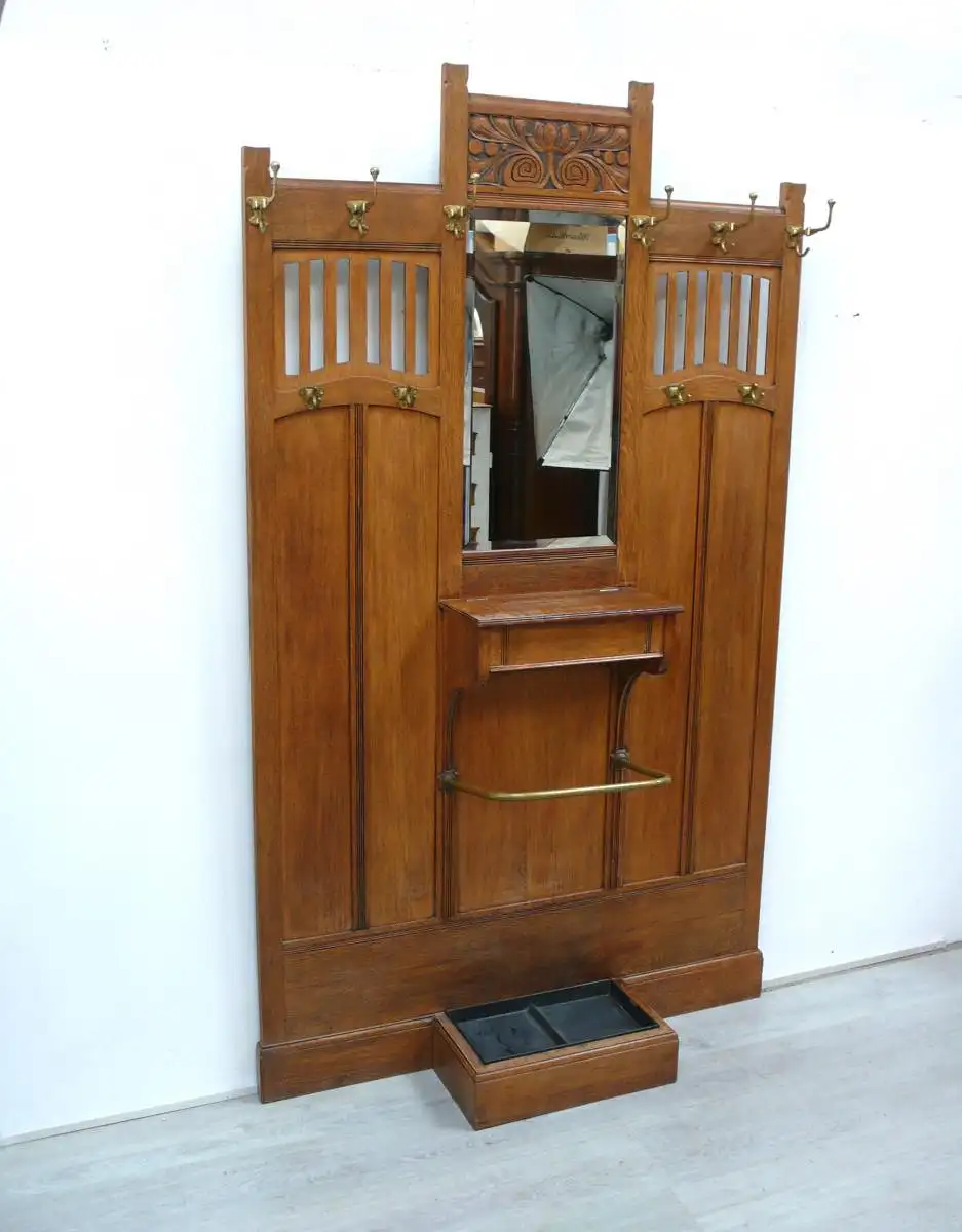 Jugendstil Stand Garderobe Eiche, mit Spiegel Schirmständer Deckelfach, um 1900 1