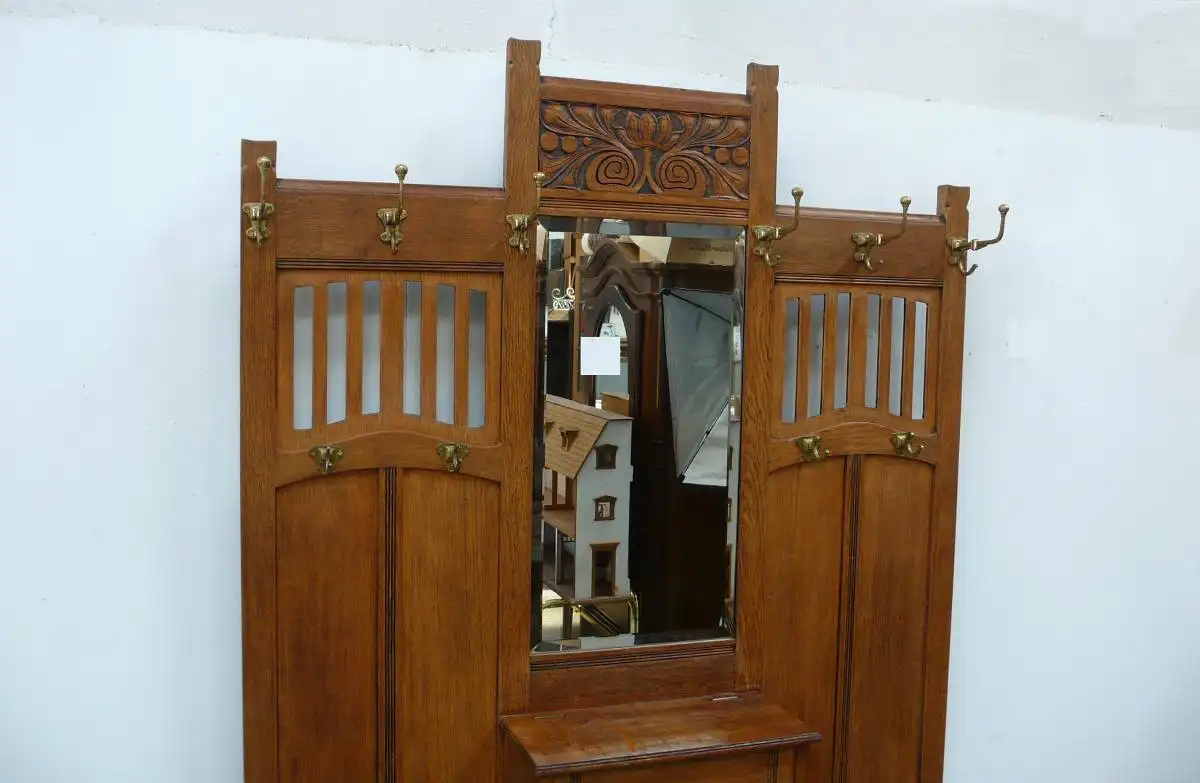 Jugendstil Stand Garderobe Eiche, mit Spiegel Schirmständer Deckelfach, um 1900 2