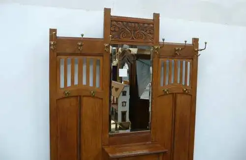 Jugendstil Stand Garderobe Eiche, mit Spiegel Schirmständer Deckelfach, um 1900