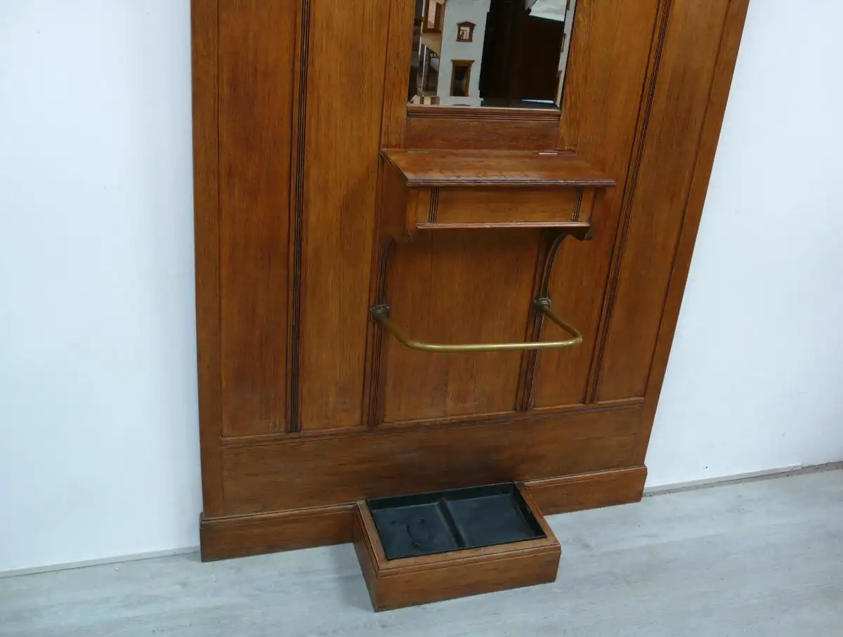 Jugendstil Stand Garderobe Eiche, mit Spiegel Schirmständer Deckelfach, um 1900 3