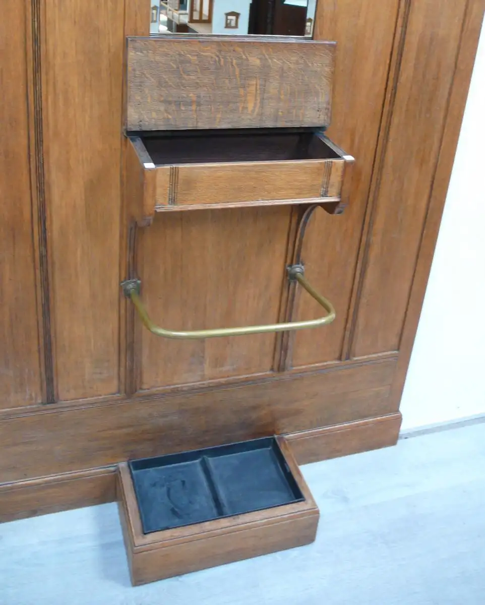 Jugendstil Stand Garderobe Eiche, mit Spiegel Schirmständer Deckelfach, um 1900 4