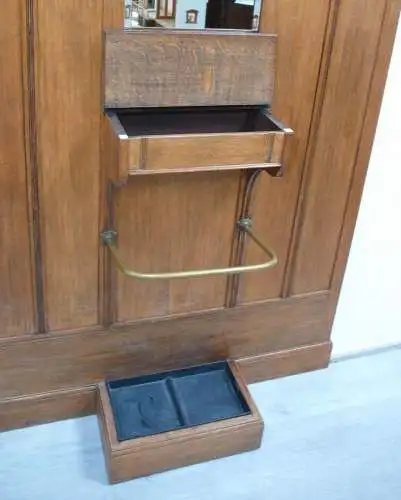 Jugendstil Stand Garderobe Eiche, mit Spiegel Schirmständer Deckelfach, um 1900