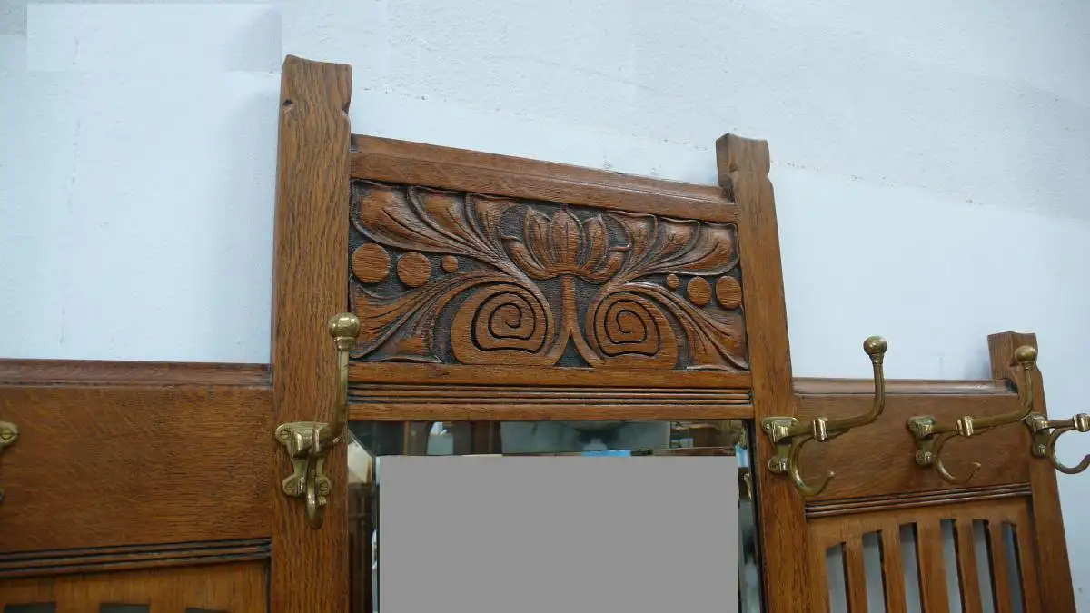 Jugendstil Stand Garderobe Eiche, mit Spiegel Schirmständer Deckelfach, um 1900 5