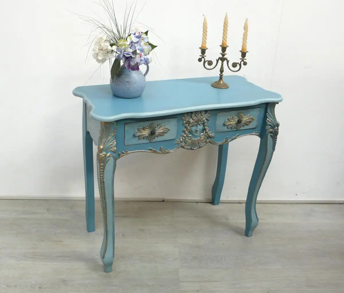 Frisiertisch Konsolentisch 2 Schubladen, Chippendale Stil, Blau-Töne mit viel Goldschnörkel 0