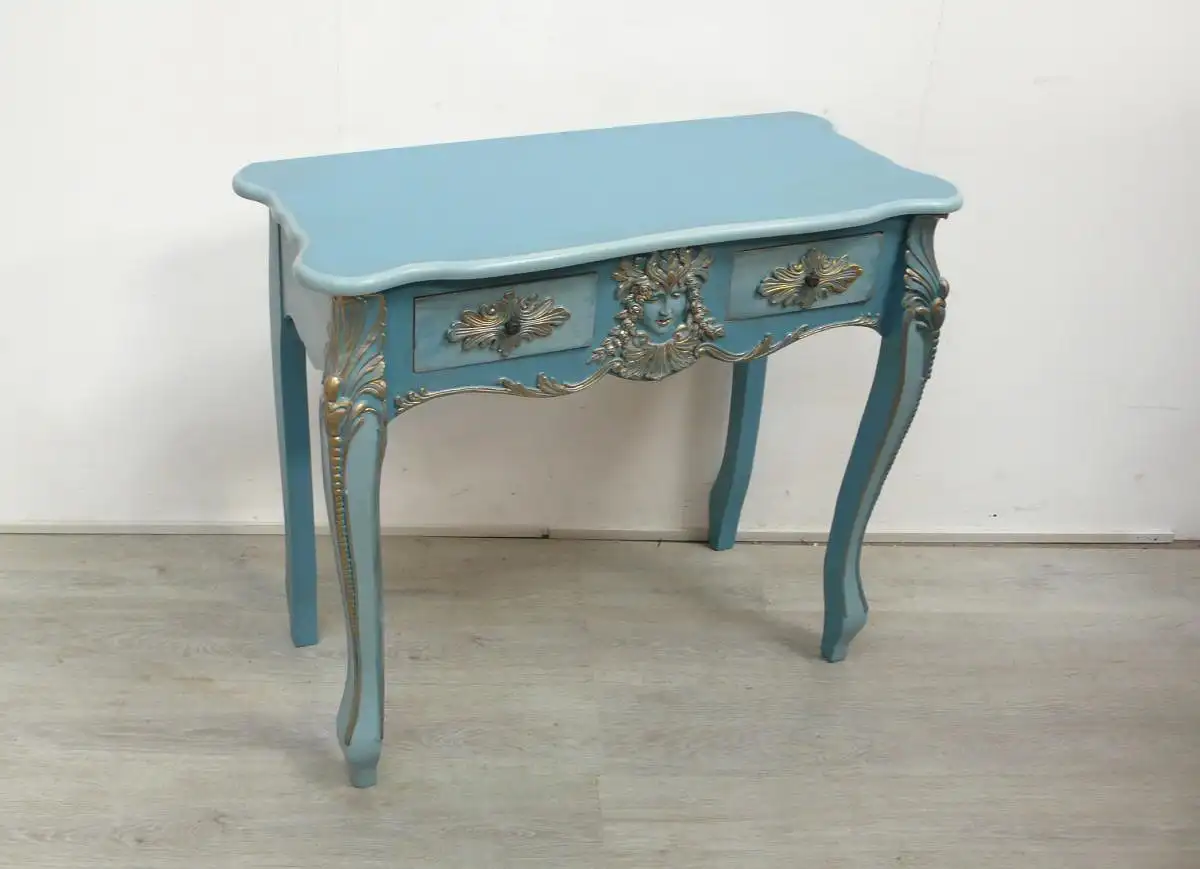 Frisiertisch Konsolentisch 2 Schubladen, Chippendale Stil, Blau-Töne mit viel Goldschnörkel 1
