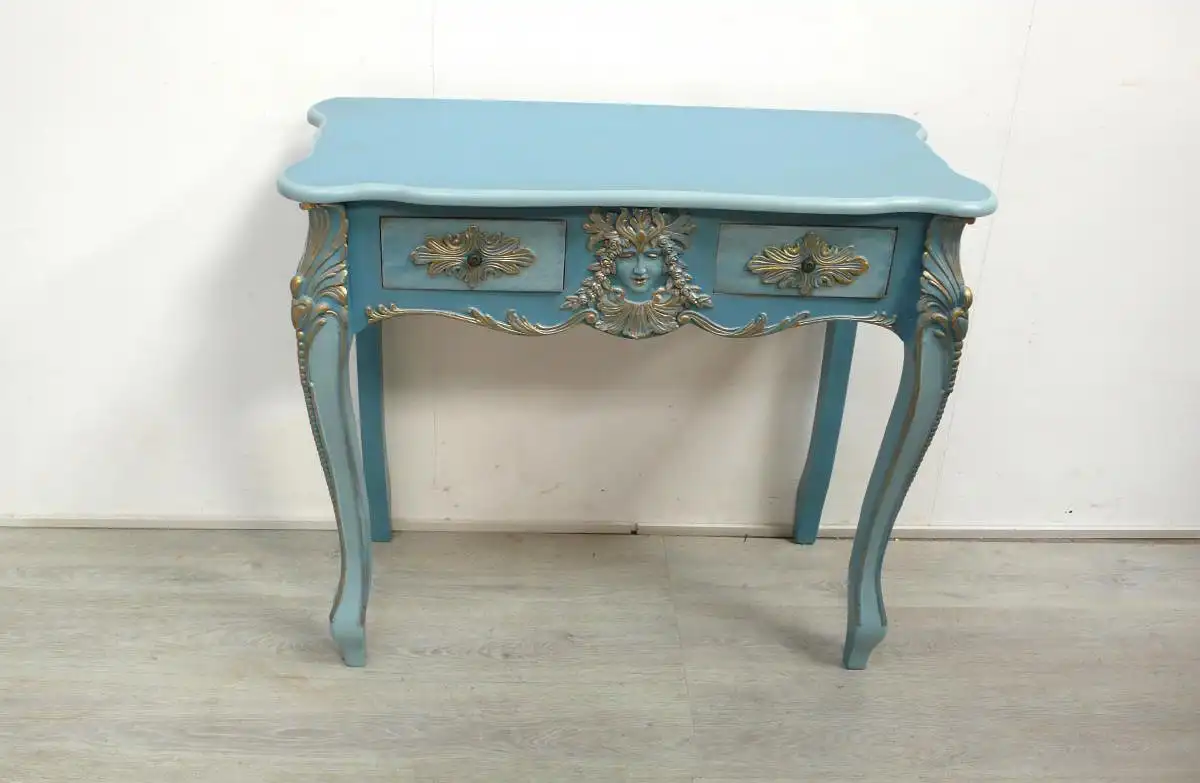 Frisiertisch Konsolentisch 2 Schubladen, Chippendale Stil, Blau-Töne mit viel Goldschnörkel 2