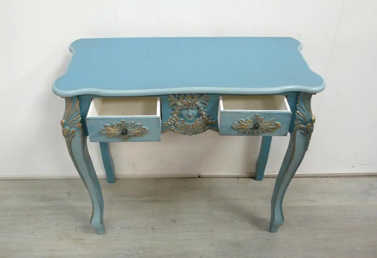 Frisiertisch Konsolentisch 2 Schubladen, Chippendale Stil, Blau-Töne mit viel Goldschnörkel 3