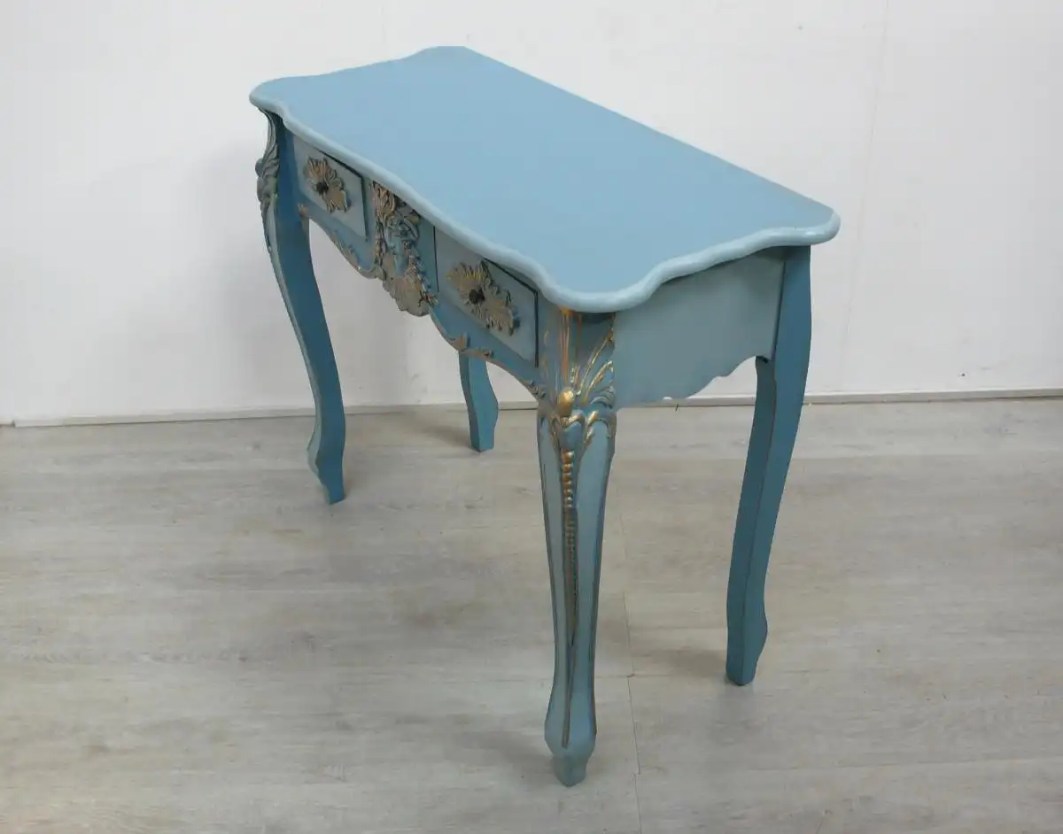 Frisiertisch Konsolentisch 2 Schubladen, Chippendale Stil, Blau-Töne mit viel Goldschnörkel 4