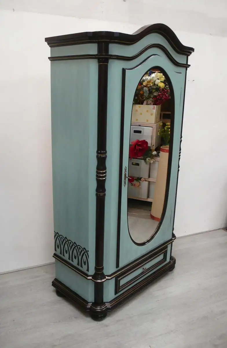 Alter Dielenschrank Garderobenschrank, Türe mit ovalem Spiegel, Antik Gründerzeit Stil, Shabby Mint 1