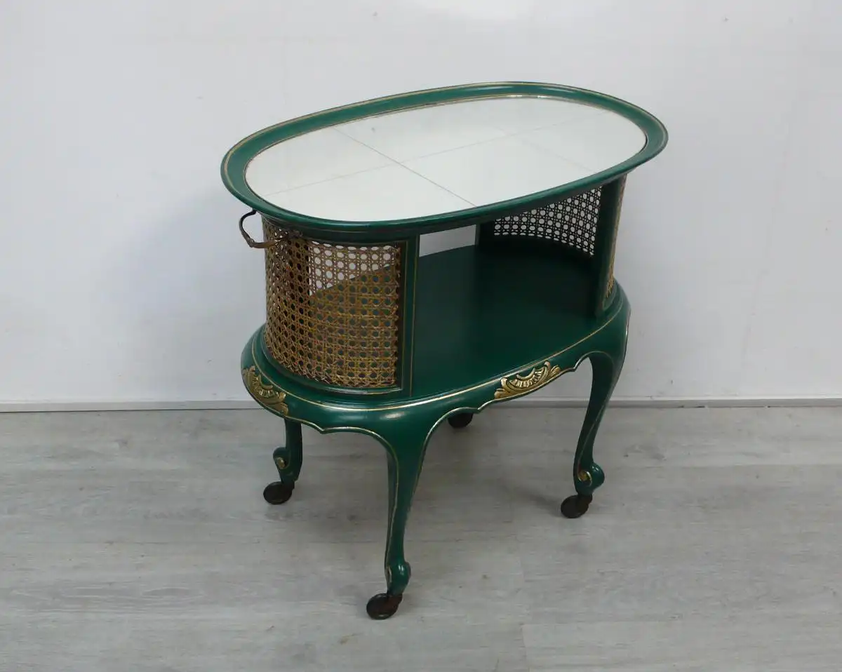 Alter Servierwagen oval Chippendale Stil Smaragd-Grün + Gold + Spiegeloberfläche 1