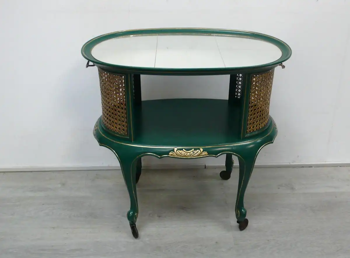 Alter Servierwagen oval Chippendale Stil Smaragd-Grün + Gold + Spiegeloberfläche 3