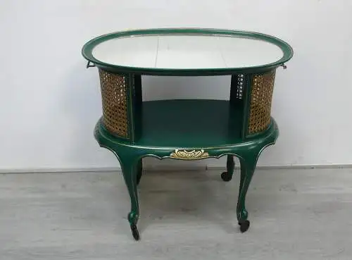 Alter Servierwagen oval Chippendale Stil Smaragd-Grün + Gold + Spiegeloberfläche