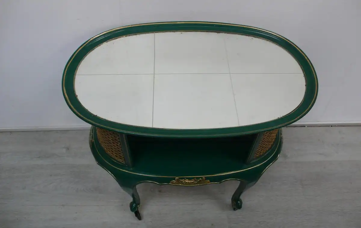 Alter Servierwagen oval Chippendale Stil Smaragd-Grün + Gold + Spiegeloberfläche 4
