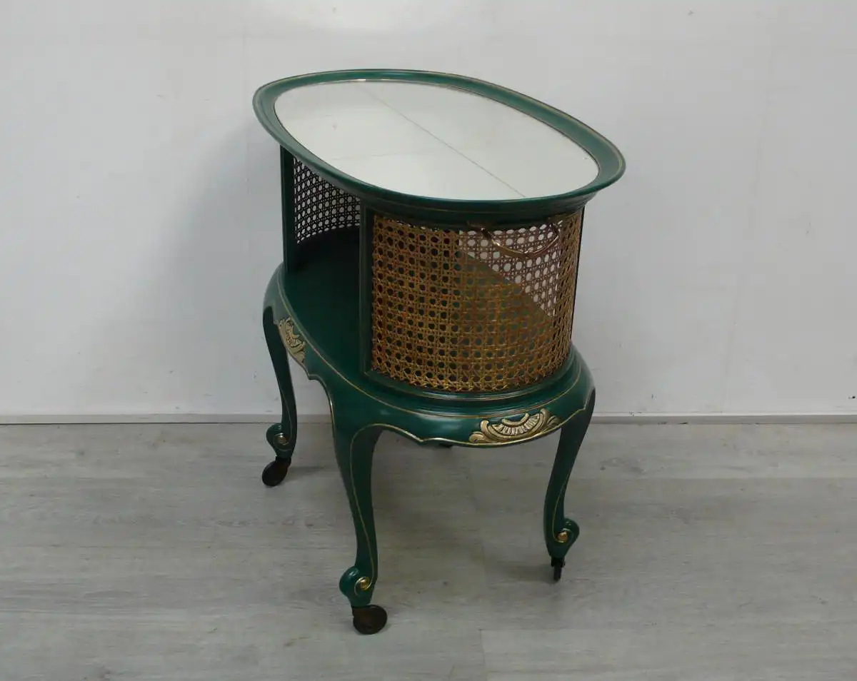 Alter Servierwagen oval Chippendale Stil Smaragd-Grün + Gold + Spiegeloberfläche 5