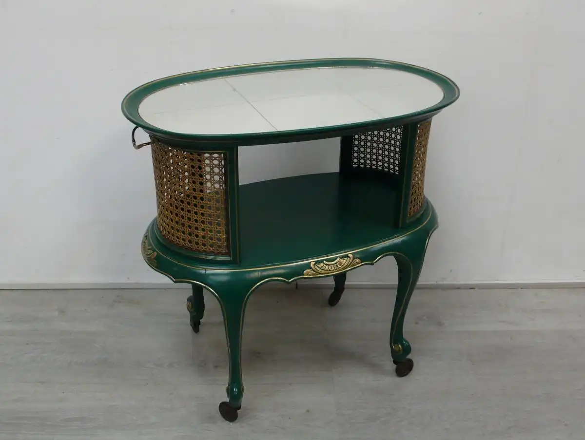 Alter Servierwagen oval Chippendale Stil Smaragd-Grün + Gold + Spiegeloberfläche 6
