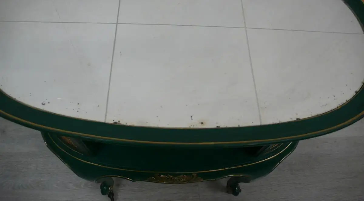 Alter Servierwagen oval Chippendale Stil Smaragd-Grün + Gold + Spiegeloberfläche 7
