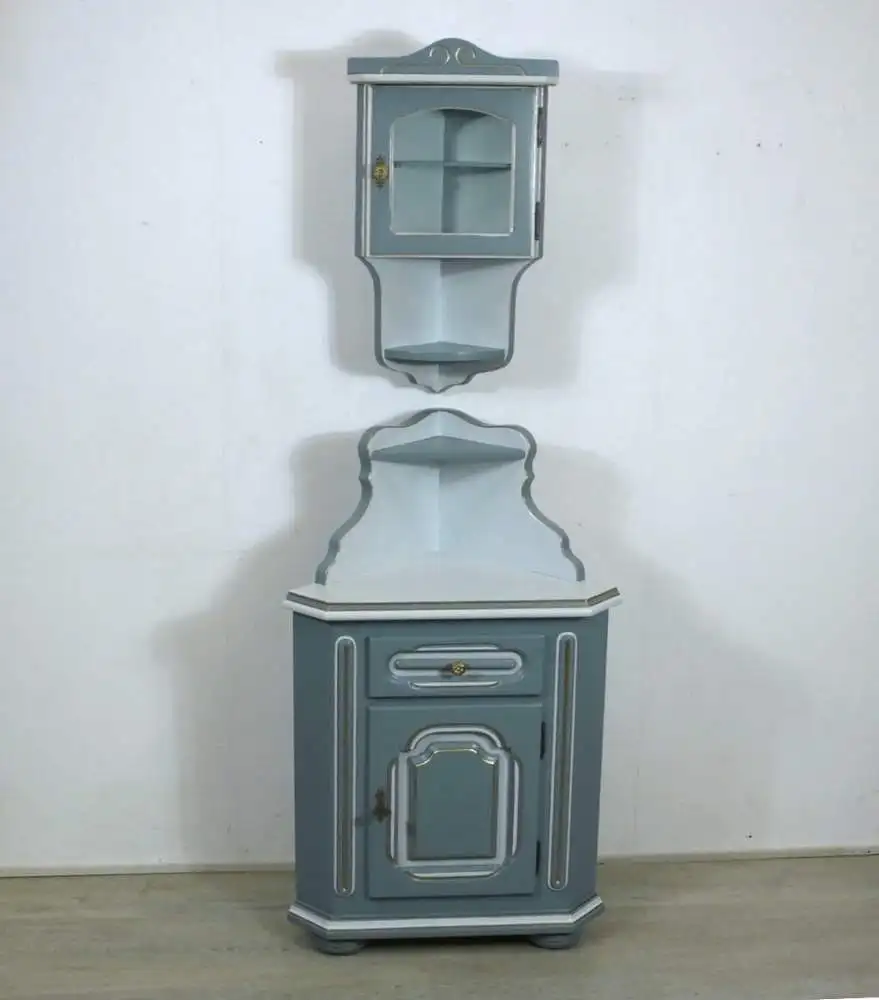 Alter Eckschrank + Hängevitrine 2er Set Meerschaumblau Antik Stil 1