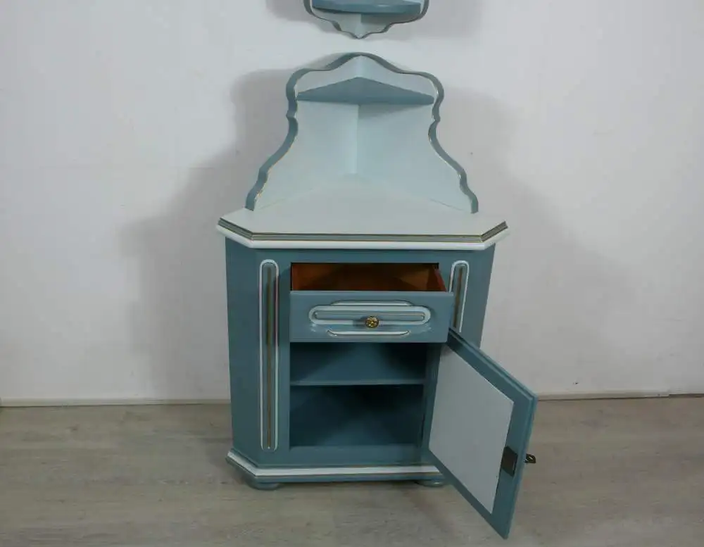 Alter Eckschrank + Hängevitrine 2er Set Meerschaumblau Antik Stil 2