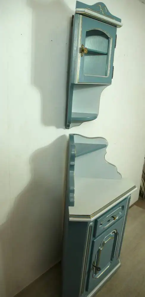 Alter Eckschrank + Hängevitrine 2er Set Meerschaumblau Antik Stil 5