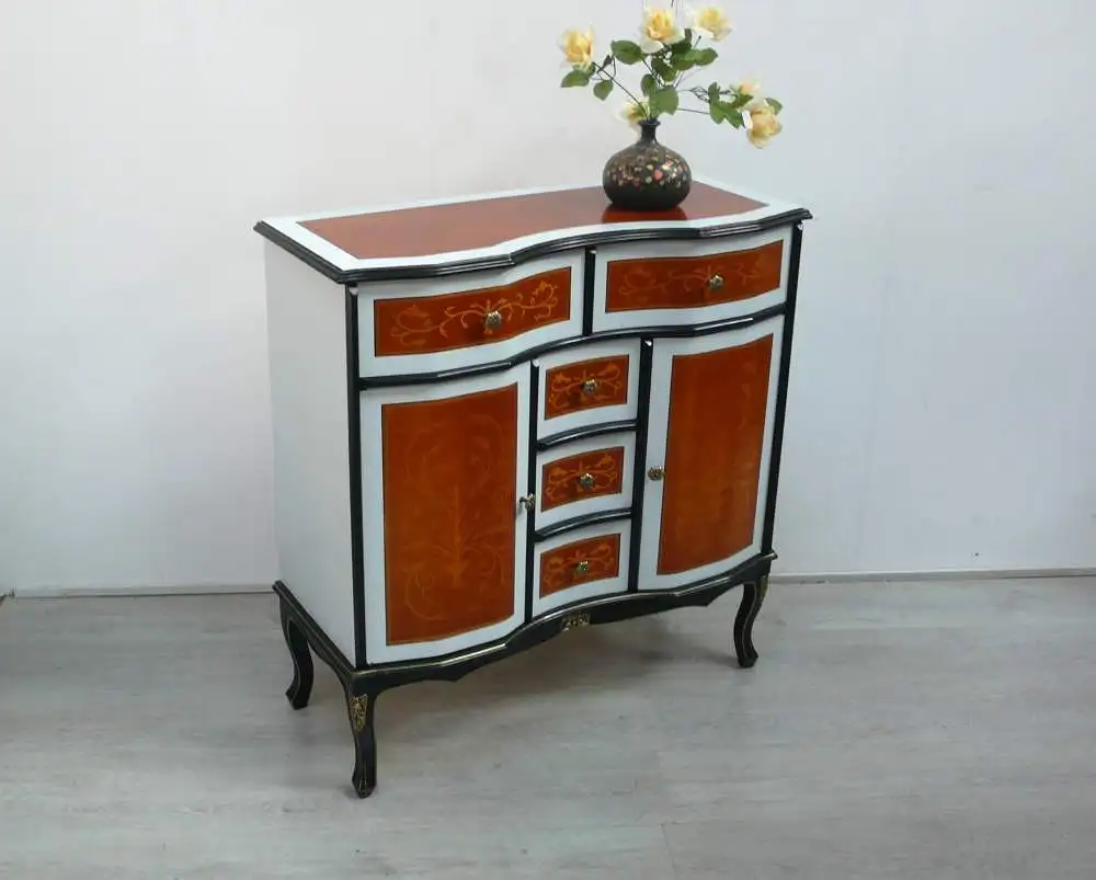 Kommode Sideboard Chippendale Biedermeier Stil mit 5 Schubladen + 2 Türen, Kirsche Mint Schwarz 0