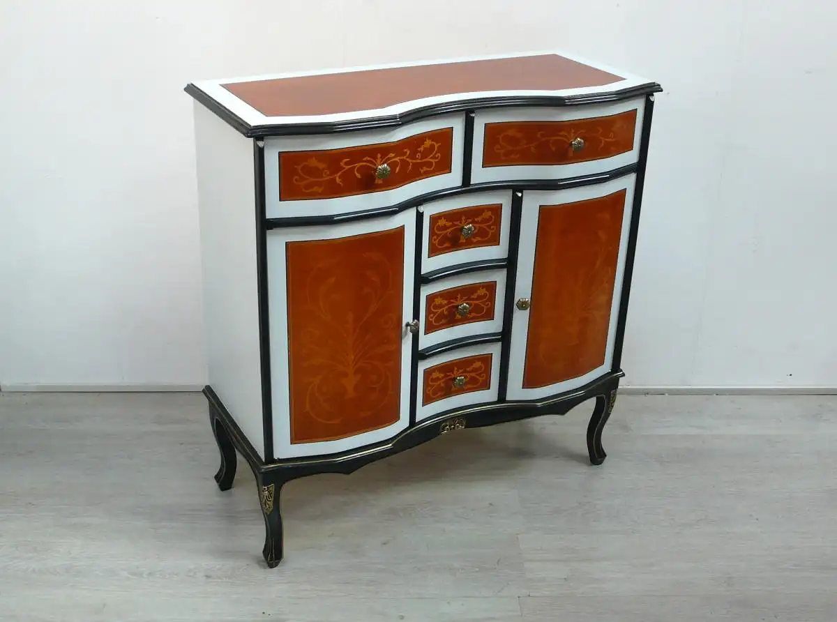 Kommode Sideboard Chippendale Biedermeier Stil mit 5 Schubladen + 2 Türen, Kirsche Mint Schwarz 1