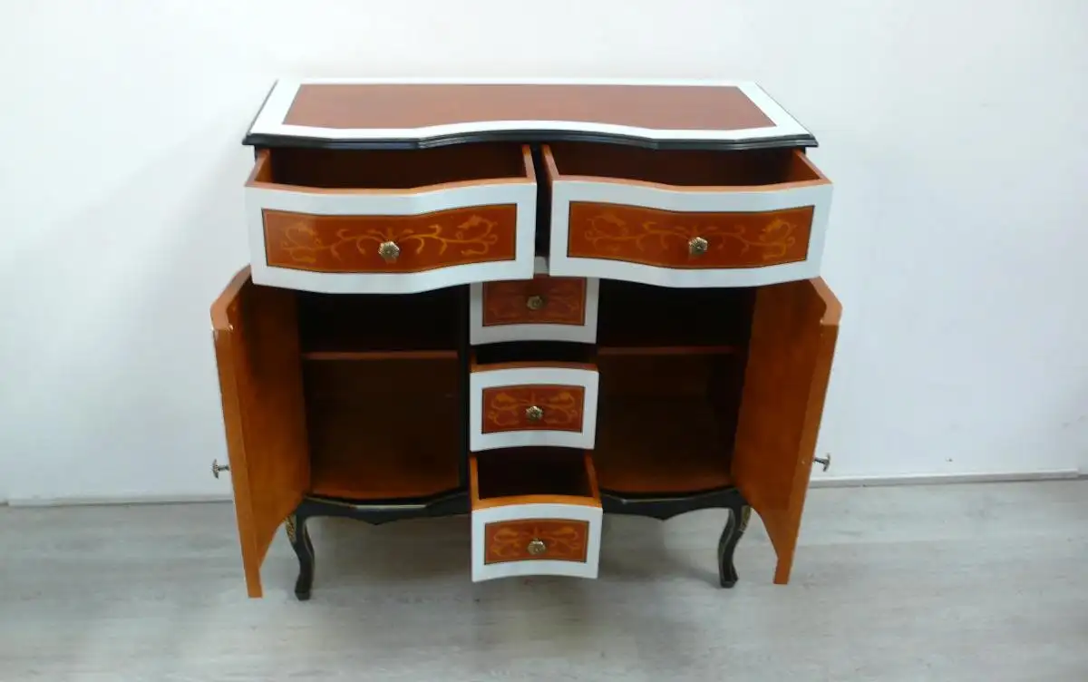 Kommode Sideboard Chippendale Biedermeier Stil mit 5 Schubladen + 2 Türen, Kirsche Mint Schwarz 3
