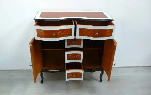 Kommode Sideboard Chippendale Biedermeier Stil mit 5 Schubladen + 2 Türen, Kirsche Mint Schwarz