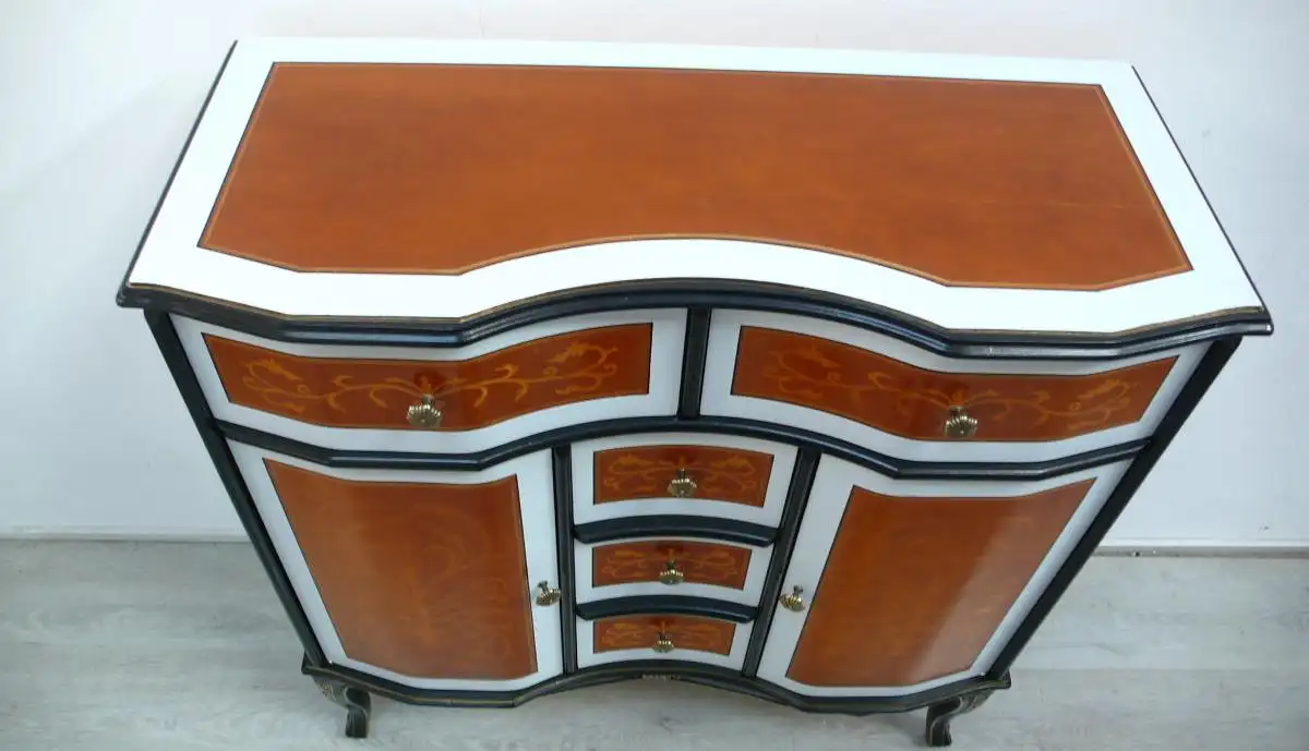 Kommode Sideboard Chippendale Biedermeier Stil mit 5 Schubladen + 2 Türen, Kirsche Mint Schwarz 4