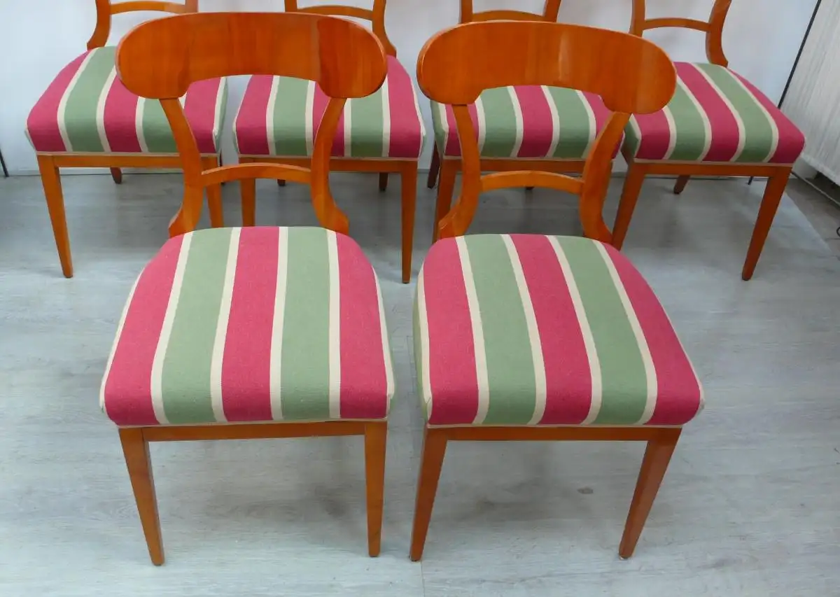 6 Biedermeier Esszimmerstühle Kirschholz  mit Streifen-Polsterstoff in Rot Grün Beige 2