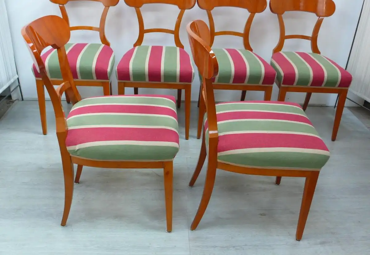 6 Biedermeier Esszimmerstühle Kirschholz  mit Streifen-Polsterstoff in Rot Grün Beige 3