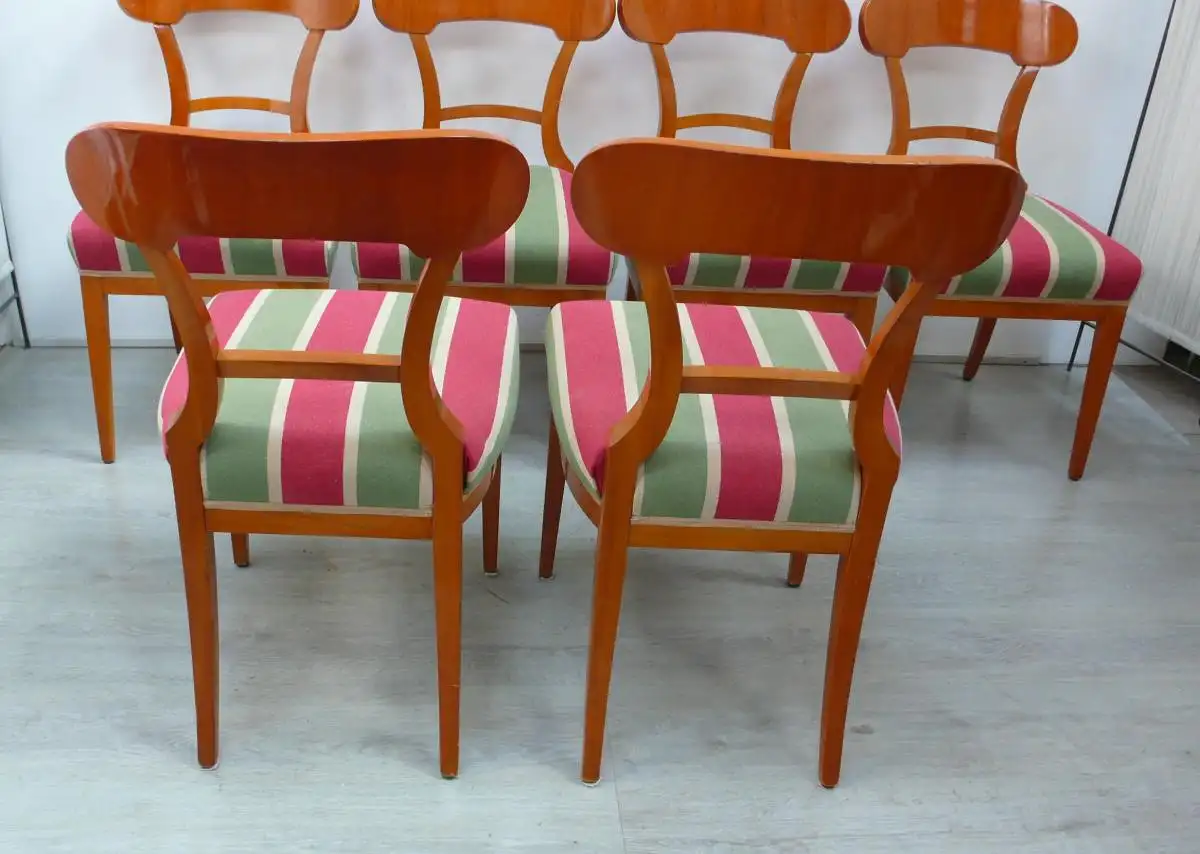 6 Biedermeier Esszimmerstühle Kirschholz  mit Streifen-Polsterstoff in Rot Grün Beige 4