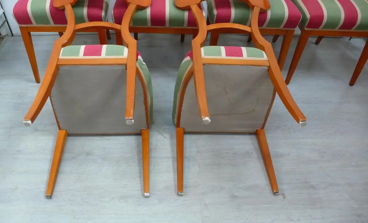 6 Biedermeier Esszimmerstühle Kirschholz  mit Streifen-Polsterstoff in Rot Grün Beige 5