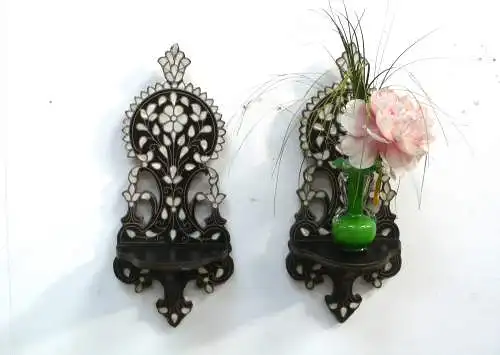 2 antike Wand Kerzenhalter Holz mit Perlmutt Intarsien um 1880, sehr dekorativ