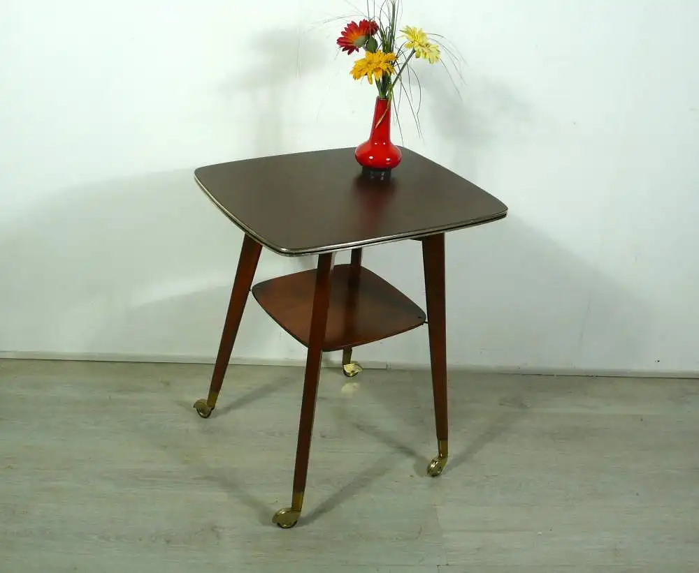 50er TV Drehtisch Beistelltisch auf Rollen + Ablage, Mid Century 0