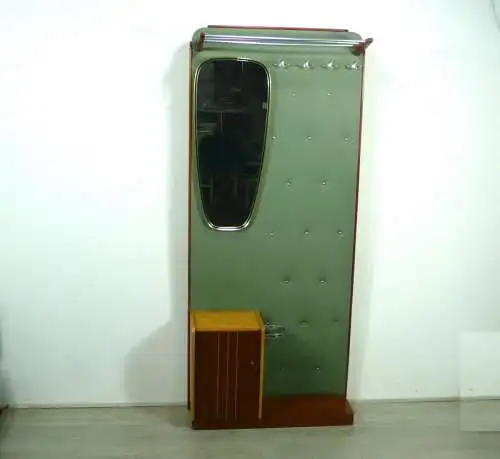 50er 60er Standgarderobe Wand-Garderobe, Vinyl Grün + Teak, Spiegel, Hutablage, Schrank, Mid Century Modern