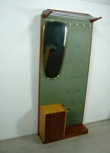 50er 60er Standgarderobe Wand-Garderobe, Vinyl Grün + Teak, Spiegel, Hutablage, Schrank, Mid Century Modern