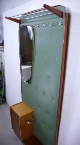 50er 60er Standgarderobe Wand-Garderobe, Vinyl Grün + Teak, Spiegel, Hutablage, Schrank, Mid Century Modern